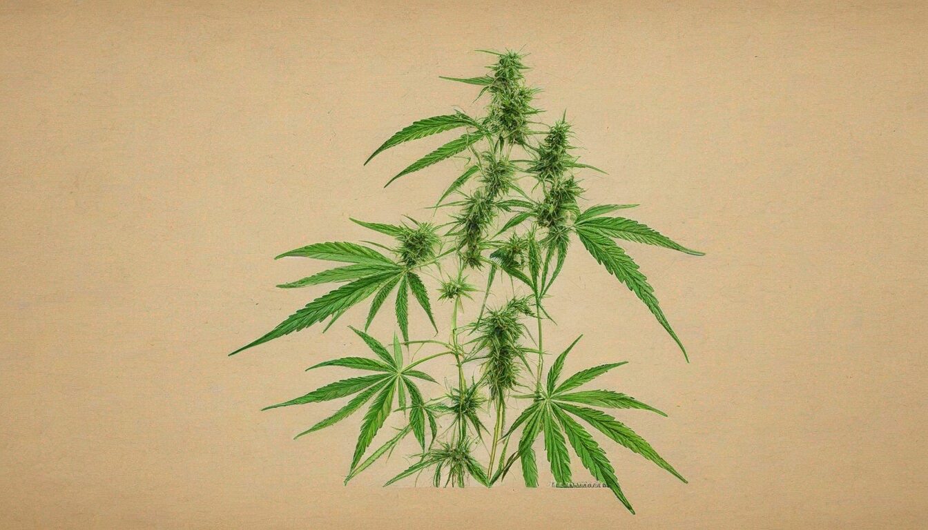 Abbildung einer Cannabispflanze mit mehreren grünen Blättern und Knospen vor einem beigen Hintergrund. Die Pflanze zeichnet sich durch schmale, gezackte Blätter und dichte Blütenbüschel aus, die reich an THC und CBD sind, was für Cannabisarten charakteristisch ist.