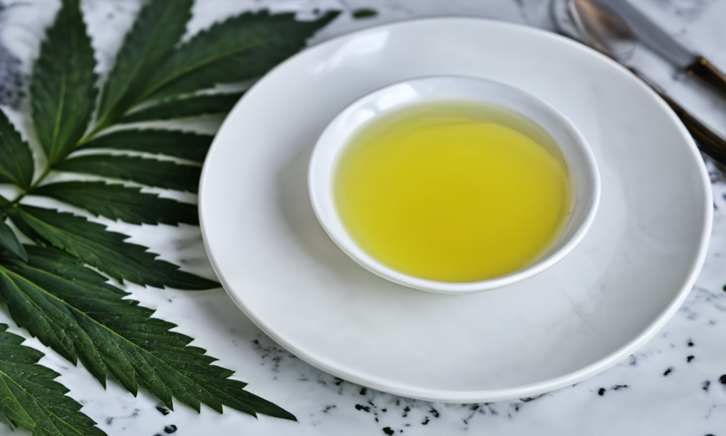 Eine kleine weiße Schale mit gelbgrünem CBD-Öl steht auf einem weißen Teller mit Marmoroberfläche. Links von der Schale befindet sich ein großes grünes Cannabisblatt, das die Verbindung zum Öl zeigt. Auf der rechten Seite sind teilweise eine Gabel und ein Messer zu sehen.
