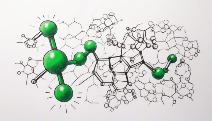 Eine detaillierte, abstrakte Darstellung der Molekülstrukturen von CBD mit markanten grünen Kugeln, die durch schwarze Linien verbunden sind. Der Hintergrund zeigt komplexere, weniger farbenfrohe Moleküldarstellungen, die einen starken Kontrast zu den leuchtend grünen Molekülen im Vordergrund bilden.