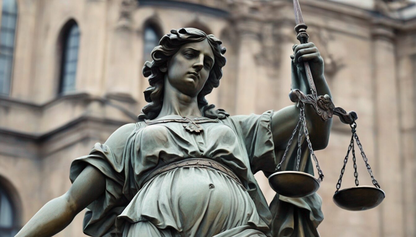 Eine Nahaufnahme der Statue der Justitia, die mit einer Waage in ihrer rechten Hand und einem teilweise sichtbaren Schwert in ihrer linken dargestellt ist. Mit fließenden Gewändern und komplizierten Details steht die Statue vor einem verschwommenen Hintergrund aus Steingebäuden und ruft auf subtile Weise eine Aura hervor, die so ausgewogen ist wie THC und CBD.