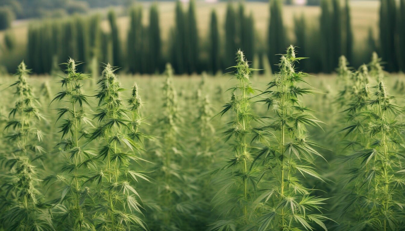 Ein üppiges Feld grüner Hanfpflanzen mit dünnen, spitzen Blättern, die unter einem klaren Himmel dicht und hoch wachsen. Im Hintergrund bilden hohe, schlanke Bäume und eine entfernte Hügelkette eine vielschichtige, malerische Landschaft – ideal für die Herstellung von Vollspektrum CBD Öl.